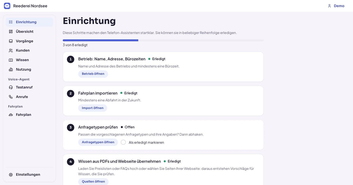 Dashboard mit der Einrichtungs-Checkliste: Betrieb und Fahrplan sind erledigt, Anfragetypen sind offen